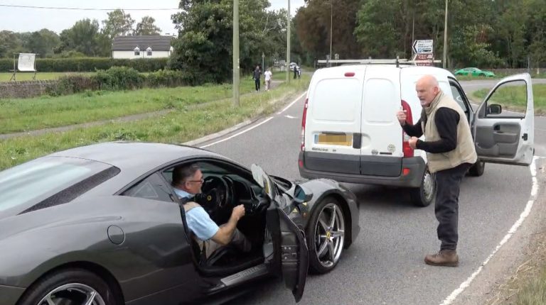 A furious van driver punched a £178K Ferrari in a road rage incident near Oxfordshire, attacking the luxury car after a heated confrontation over supercar noise.