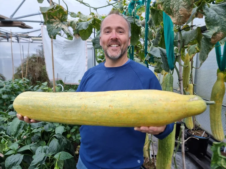 Kevin Fortey, Britain's giant veg king, breaks new records with a 21ft cucumber and 16-inch aubergine, adding to his impressive 11 world records in colossal fruit and veg growing.