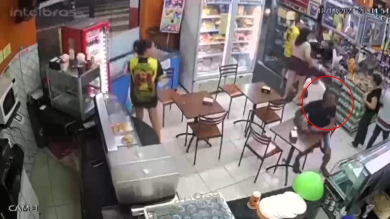 Brave customer thwarts armed robbery in Brazil, chasing suspects with a chair after spotting a fake gun. Dramatic CCTV footage captures the bold act.