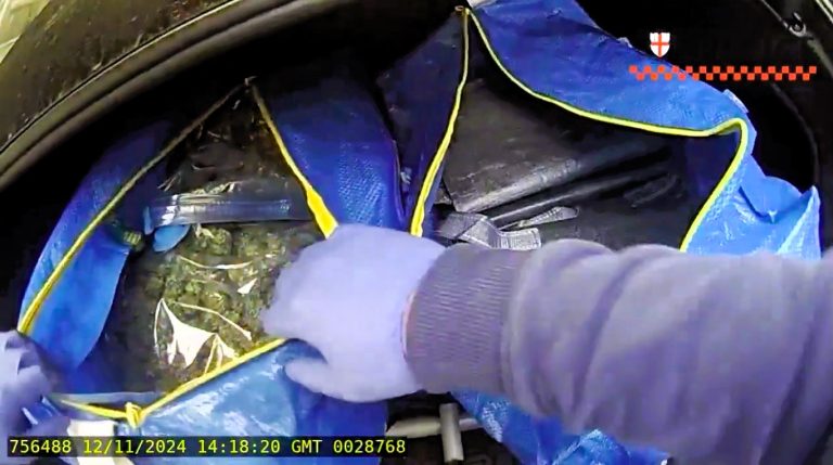 Uninsured driver busted in London with £35K of cannabis hidden in Ikea bags. Police seize drugs and car during crackdown on uninsured motorists. Investigation ongoing.