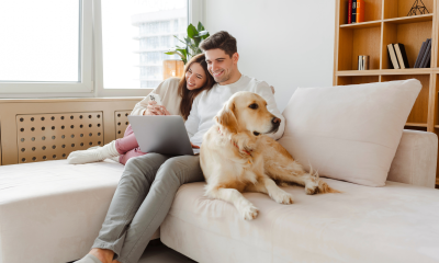 happy couple dog sofa mobile phone laptop