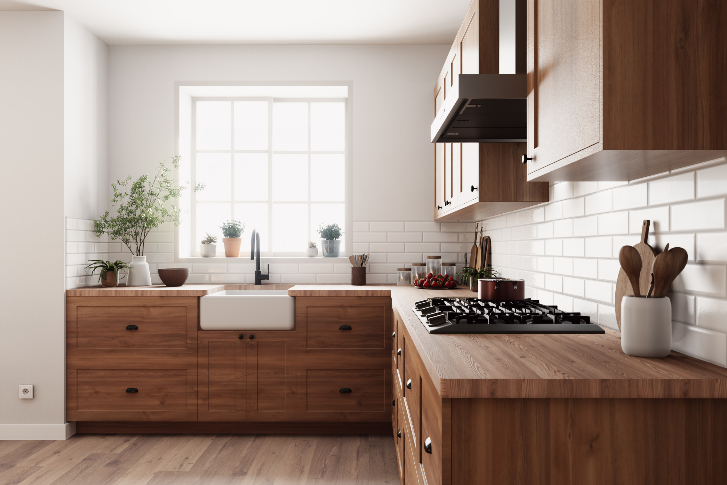 kitchen wooden cabinets bay window