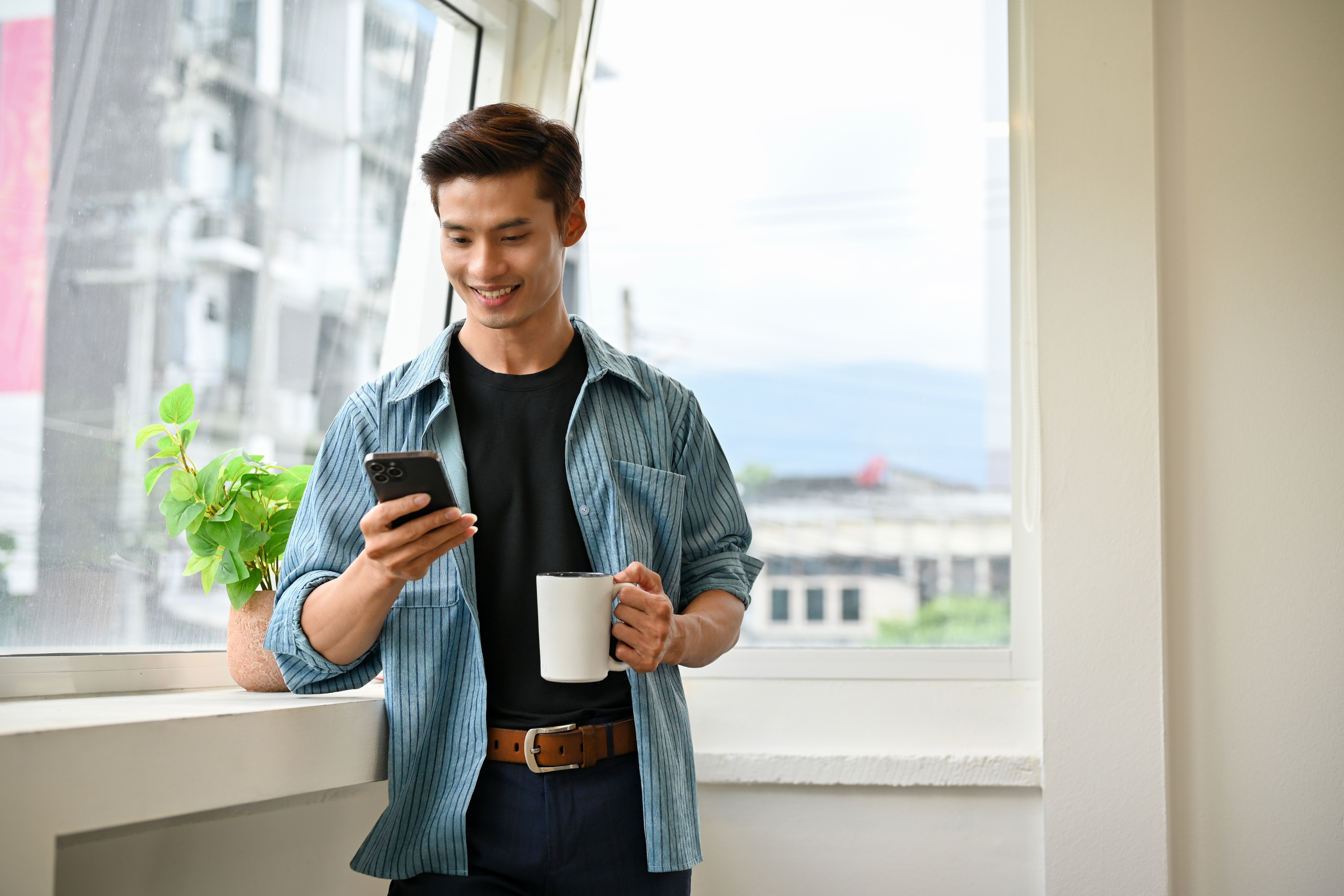 man casual clothes office mobile phone coffee