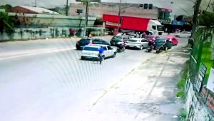 Chaos erupts in Manaus as a truck slams into traffic at a red light, toppling bikers and crushing vehicles in a shocking CCTV-captured pile-up.