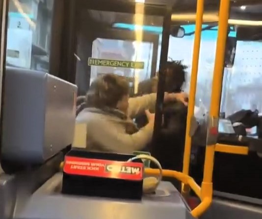 Shocking moment two men brawl on a packed London bus as stunned passengers watch. Caught on camera, the chaotic fight unfolds on the Number 222 in Uxbridge.